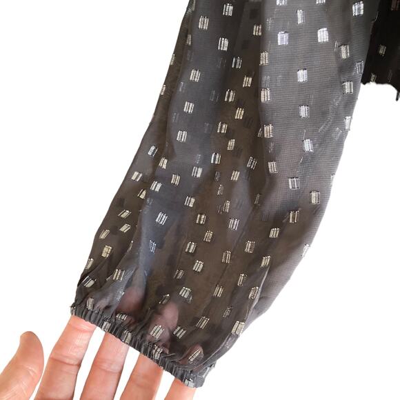 Calligraphie Black Lace Trim Metallic Clip Dot Sheer Blouse MED Whimsygoth Fairy - Picture 7 of 9